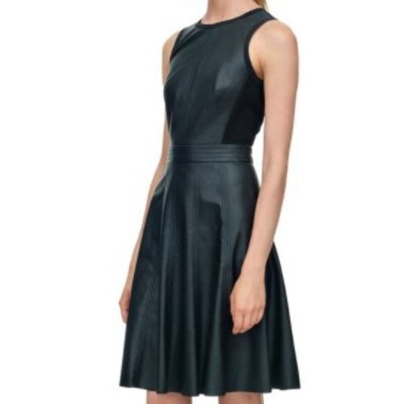 Rebecca Taylor Dresses & Skirts - Rebecca Taylor Dress Sleeveless Vegan Leather Fit Flare Lined Silk Binding 4 S